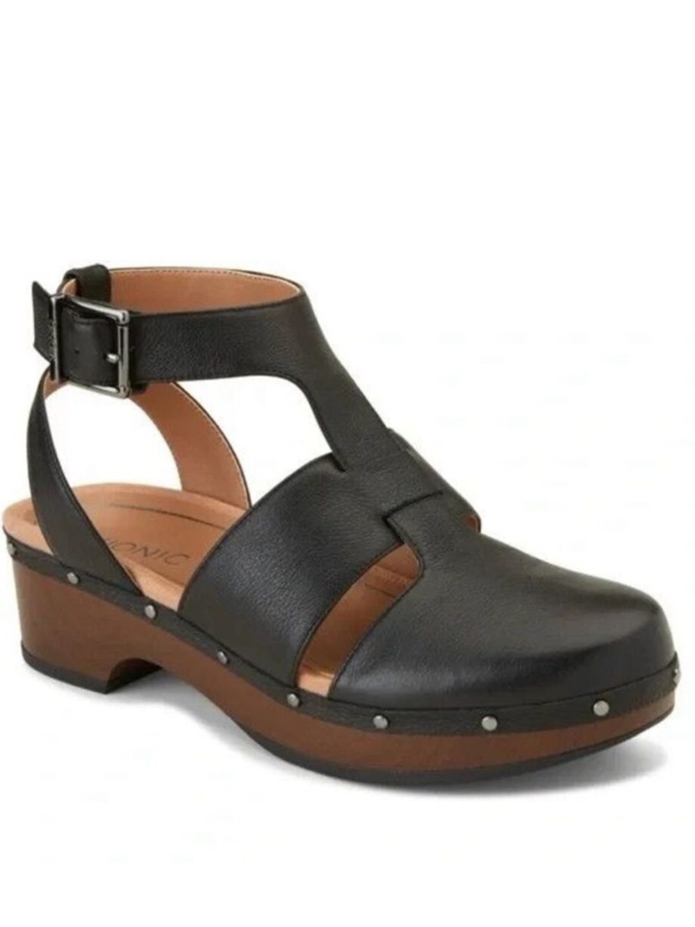Vionic Black Leather Studded Platform Clog Sandals Womens Size 7